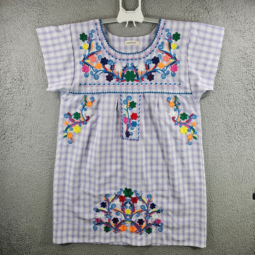 YZXDORWJ Womens Mexican Floral Embroidered Gingham Tunic Top Lavender Large
